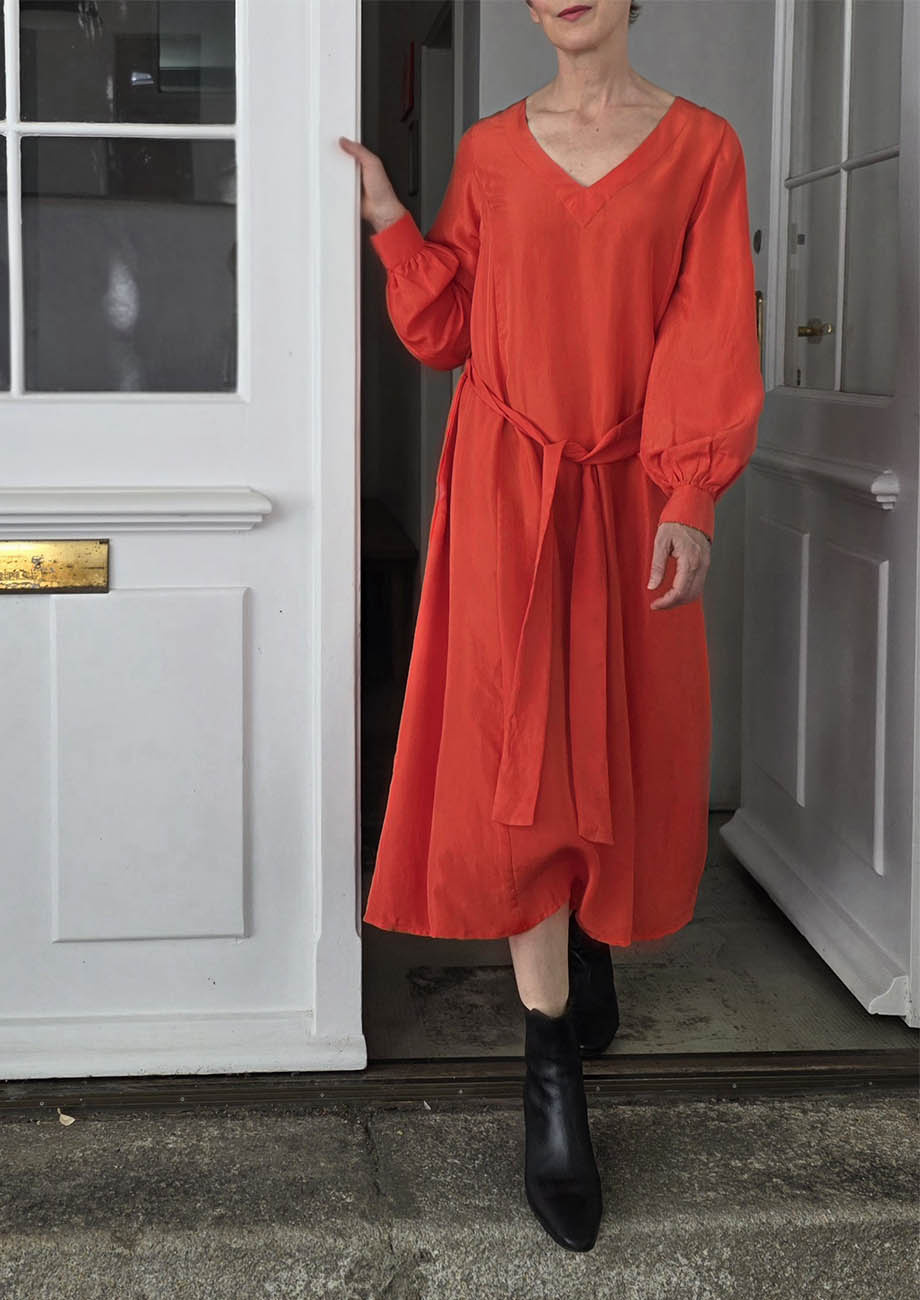 V SILK DRESS - HOT CORAL-3