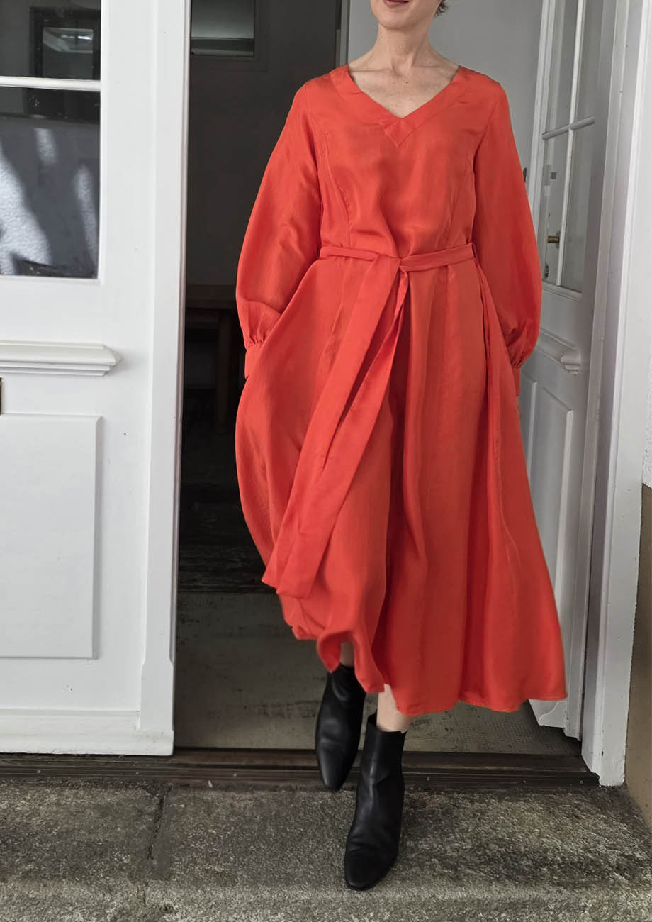 V SILK DRESS - HOT CORAL-4