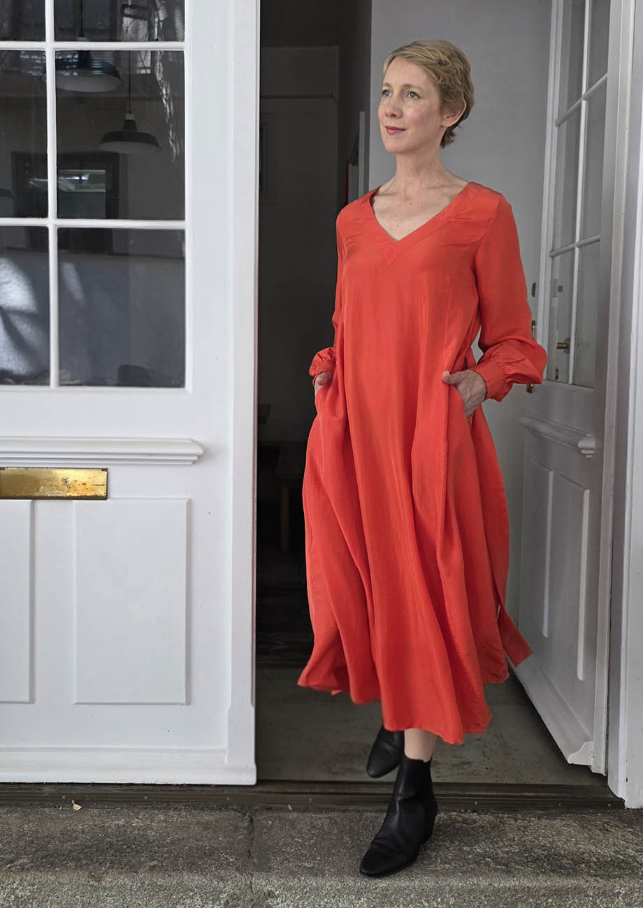 V SILK DRESS - HOT CORAL-6