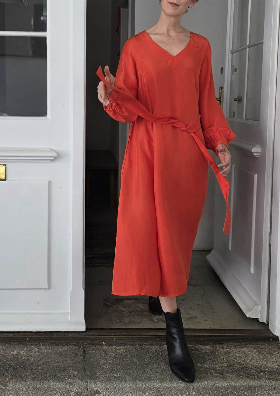 V SILK DRESS - HOT CORAL-8