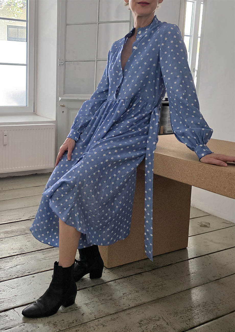 VOLANT SILK DRESS - DYED DOTS SOFTBLUE-6