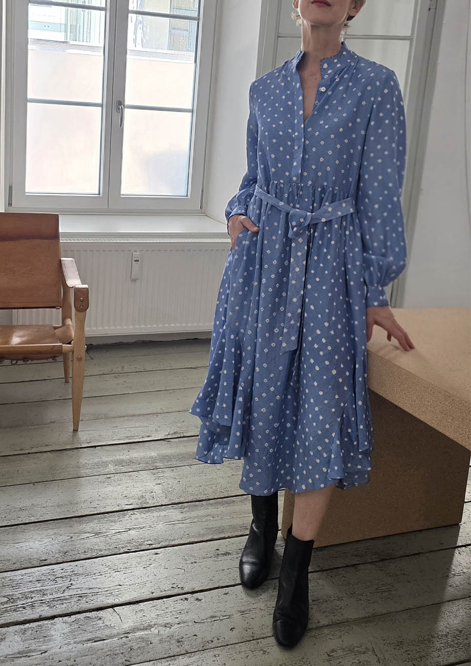 VOLANT SILK DRESS - DYED DOTS SOFTBLUE-1