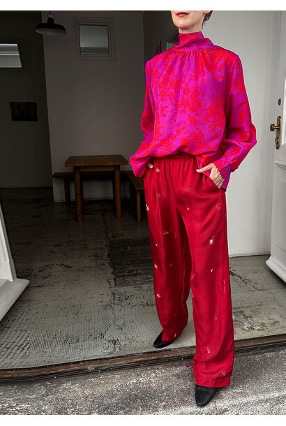 LONG SILK PANTS - EMBROIDERED DARK RED