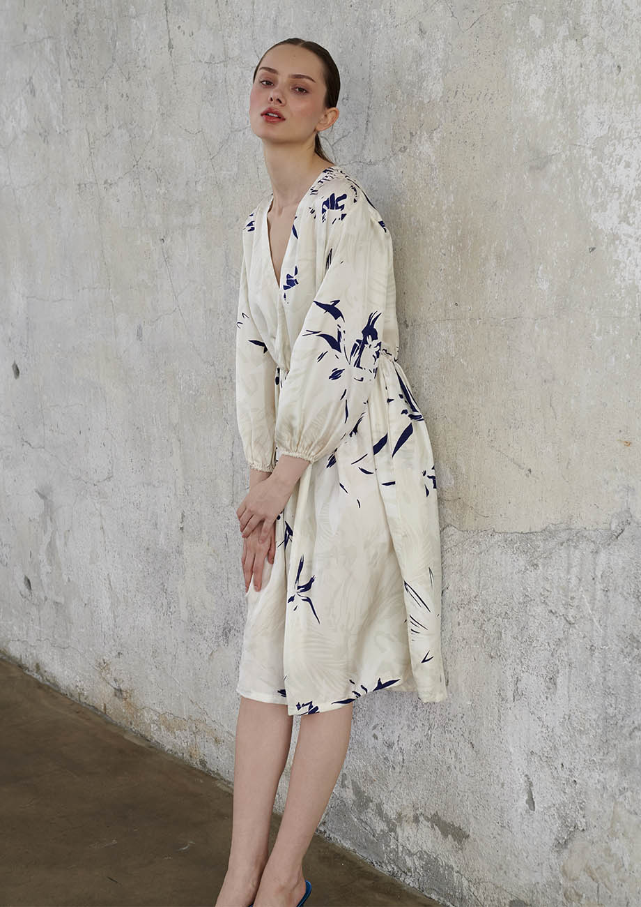 V-DRAPE SILK DRESS - CREAM WHITE-3