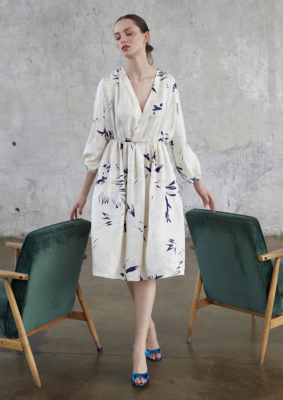 V-DRAPE SILK DRESS - CREAM WHITE-1