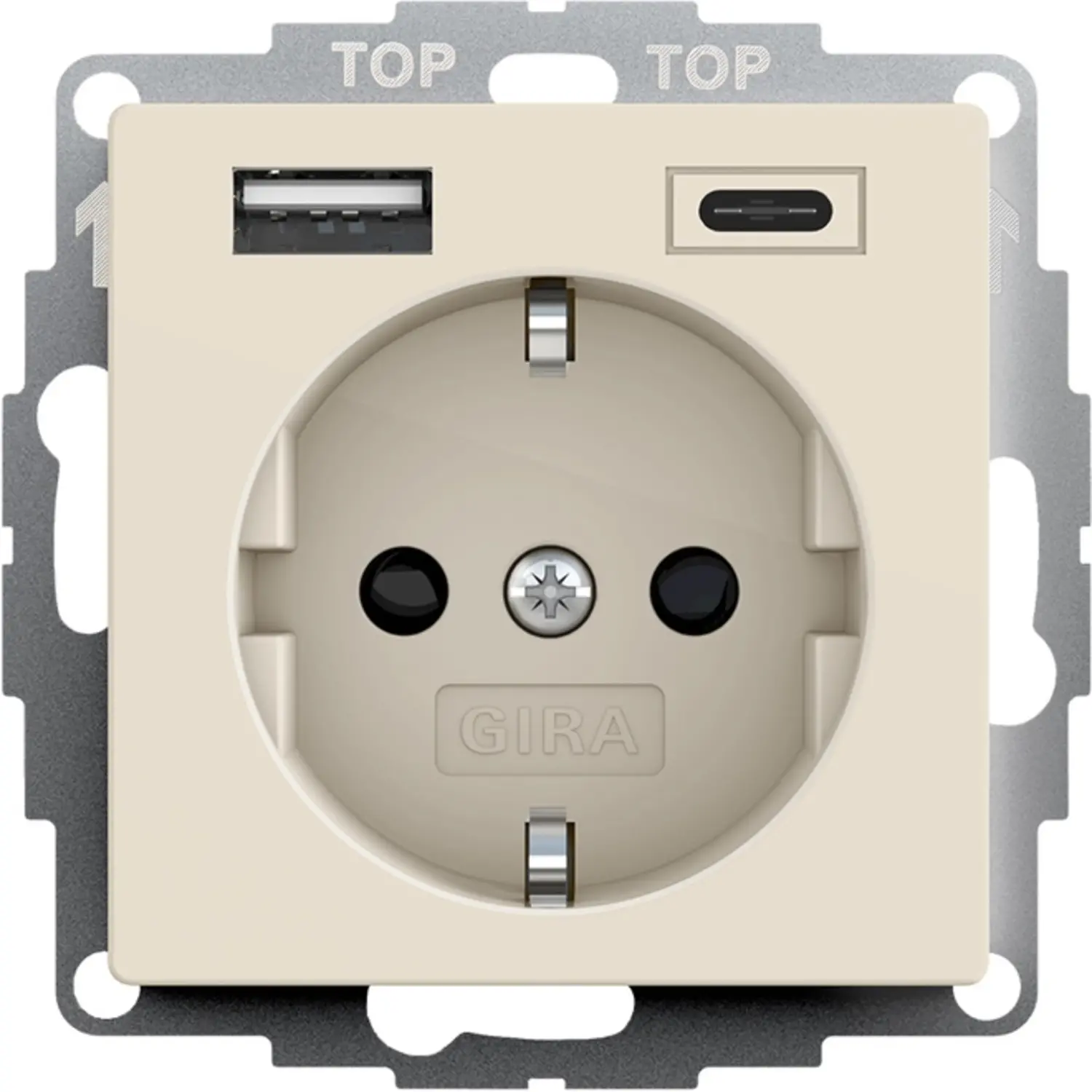 Gira Schuko-Steckdose USB-A und USB-C erhöhtem Berührungsschutz System 55  creme glänzend 