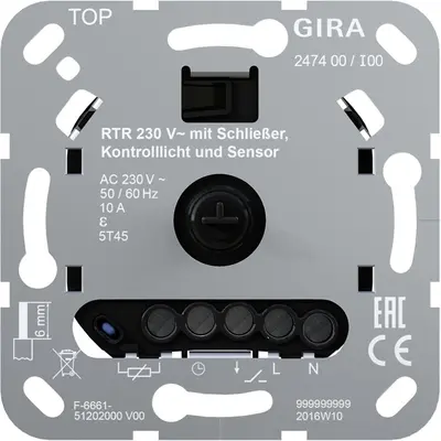 Gira Einsatz Raumtemperaturregler 230 V mit Schließer Kontrolllicht und Sensor für elektrische Fußbodenheizung (247400)