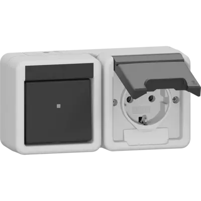 Gira Kombination Schalter und Schuko-Steckdose waagerecht Klappdeckel Aufputz IP44 (417730)