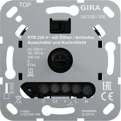 Gira Einsatz Raumtemperaturregler 230 V mit Öffner/Schließer Ausschalter und Kontrolllicht (247200)