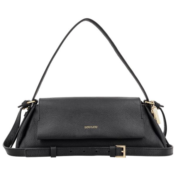 LouLou ISA Black Gold – Zwart leren overslag schoudertas