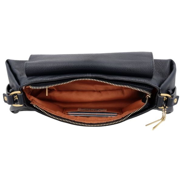 LouLou ISA Dark Blue Gold – Donkerblauwe leren overslag schoudertas