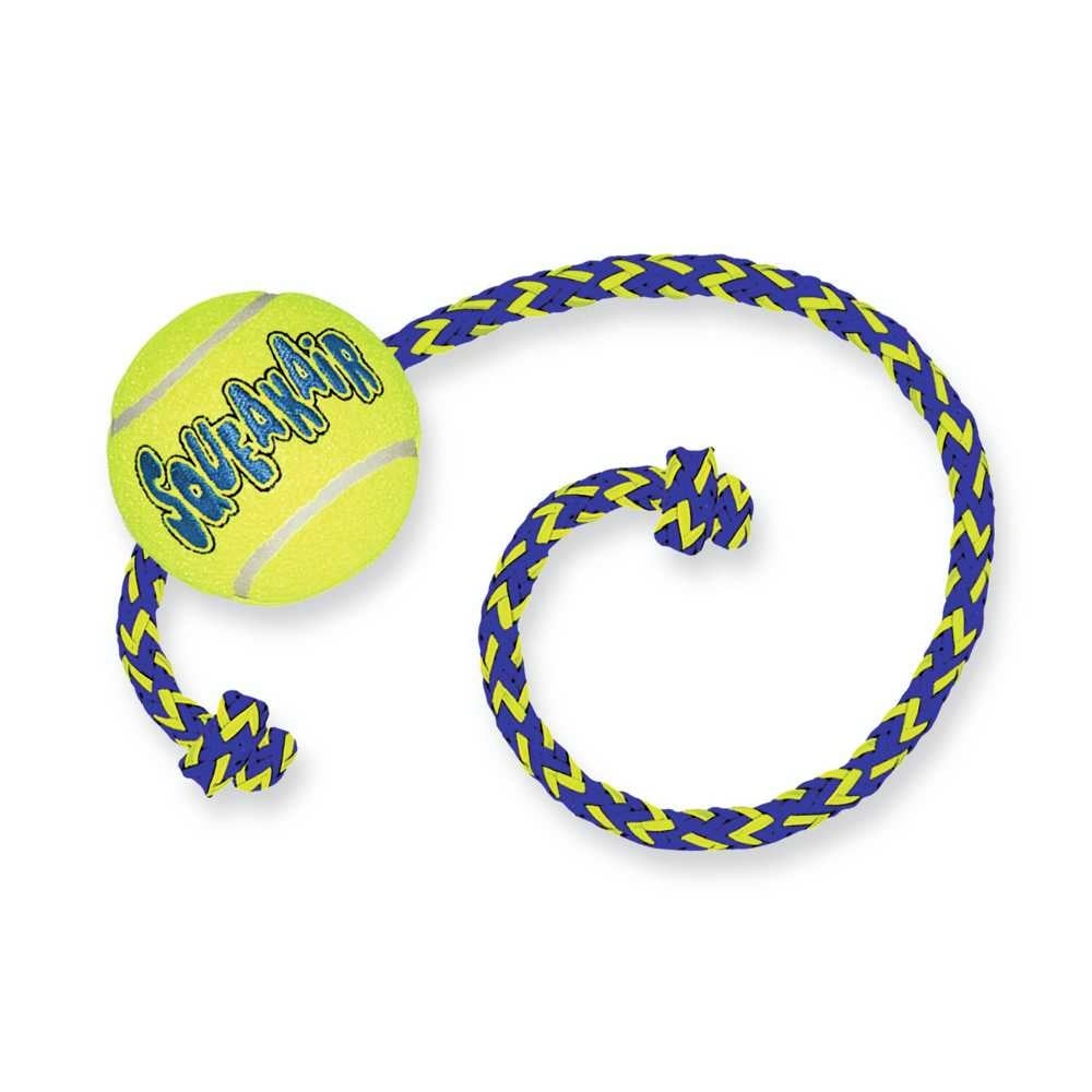 Kong air squeaker ball met touw geel/blauw Medium