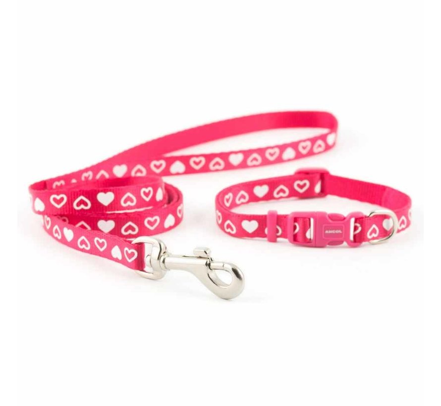 Dog Collar Set With Lead Heart Raspberry