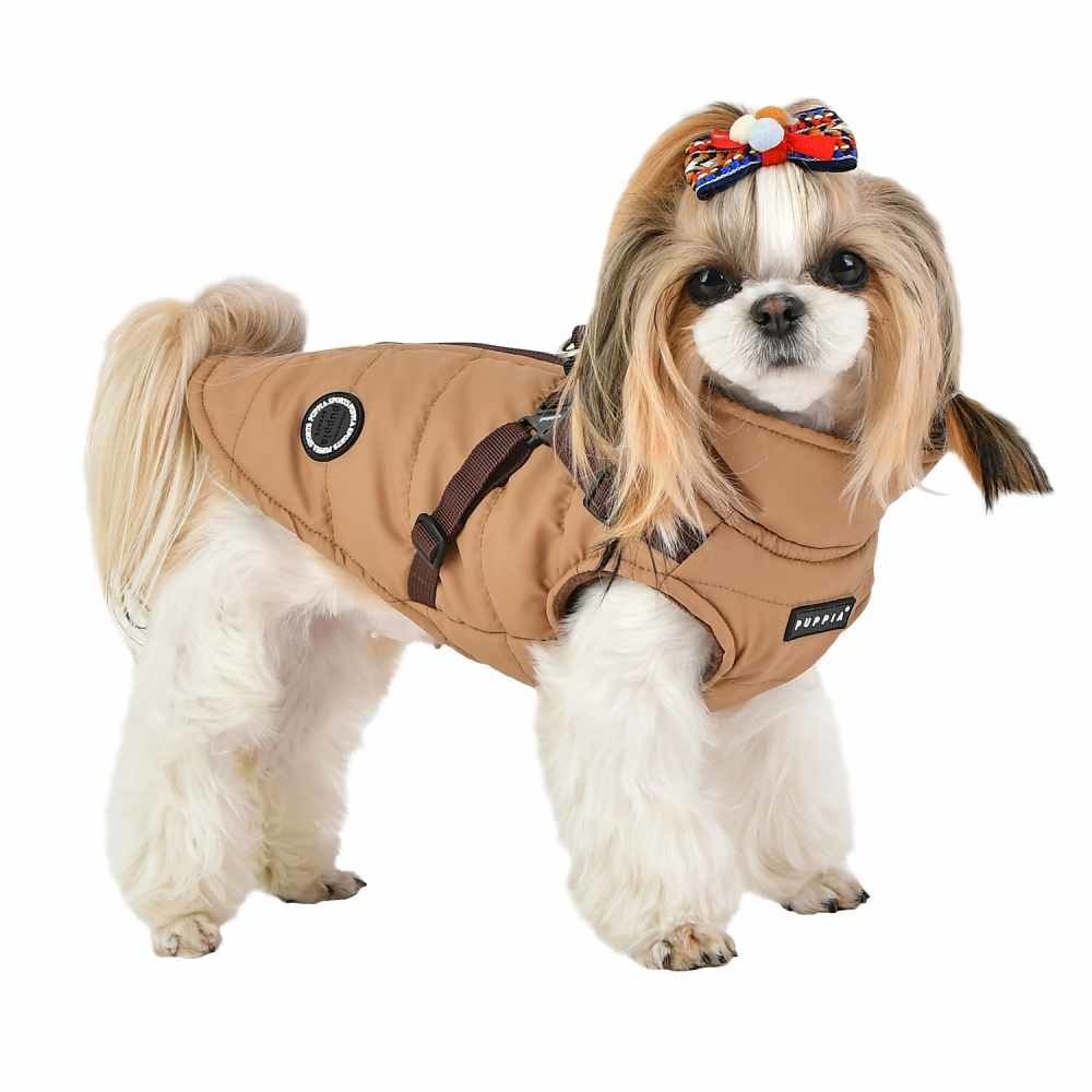 Puppia Mountaineer II – Winterjas met geïntegreerd harnas voor kleine honden - Kleur: Beige, Maat: Small