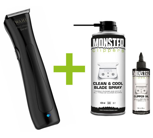 Wahl Beret Trimmer Black Stealth + Monster Clippers Clean & Cool Blade Spray & Olie 