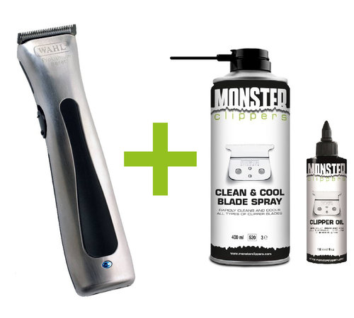 Wahl Beret Trimmer Chroom + Monster Clippers Clean & Cool Blade Spray & Olie 