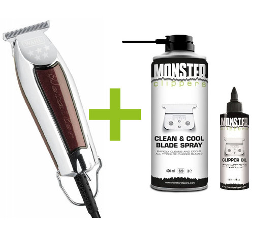 Wahl Detailer Trimmer T-Wide 38mm + Monster Clippers Clean & Cool Blade Spray & Olie 