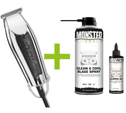 Wahl Detailer Trimmer 32mm Zwart + Monster Clippers Clean & Cool Blade Spray & Olie 