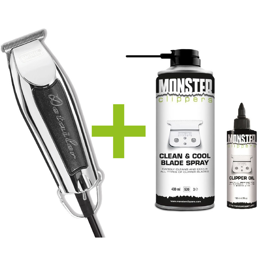Wahl Detailer Trimmer 32mm Zwart + Monster Clippers Clean & Cool Blade Spray & Olie