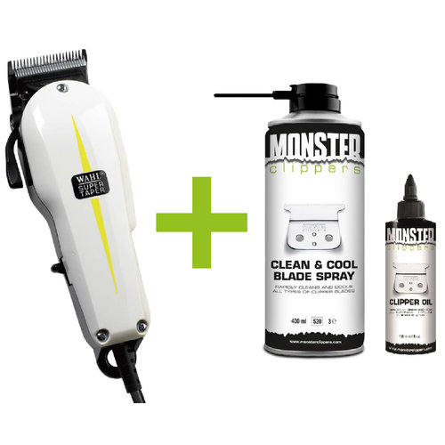 Wahl Super Taper Tondeuse + Monster Clippers Clean & Cool Blade Spray & Olie 