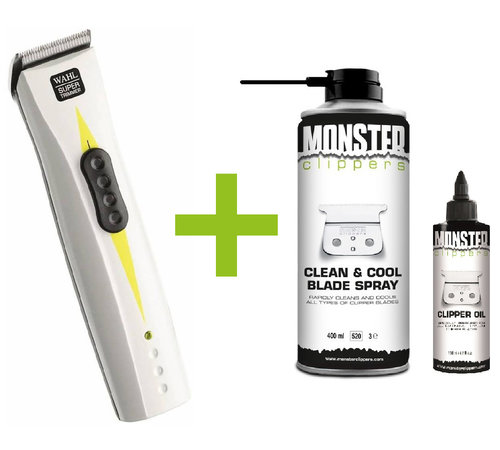Wahl Super Trimmer + Monster Clippers Clean & Cool Blade Spray & Olie 