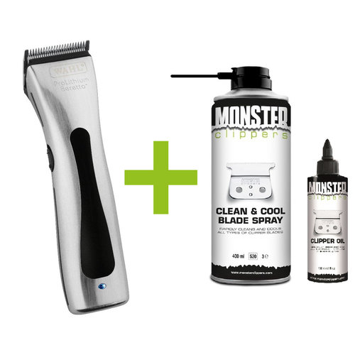 Wahl Beretto Tondeuse Chrome + Monster Clippers Clean & Cool Blade Spray & Olie 