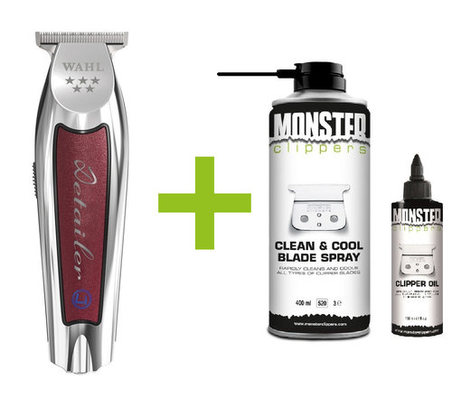 Wahl Cordless Detailer Li Trimmer T-Wide + Monster Clippers Clean & Cool Blade Spray & Olie 