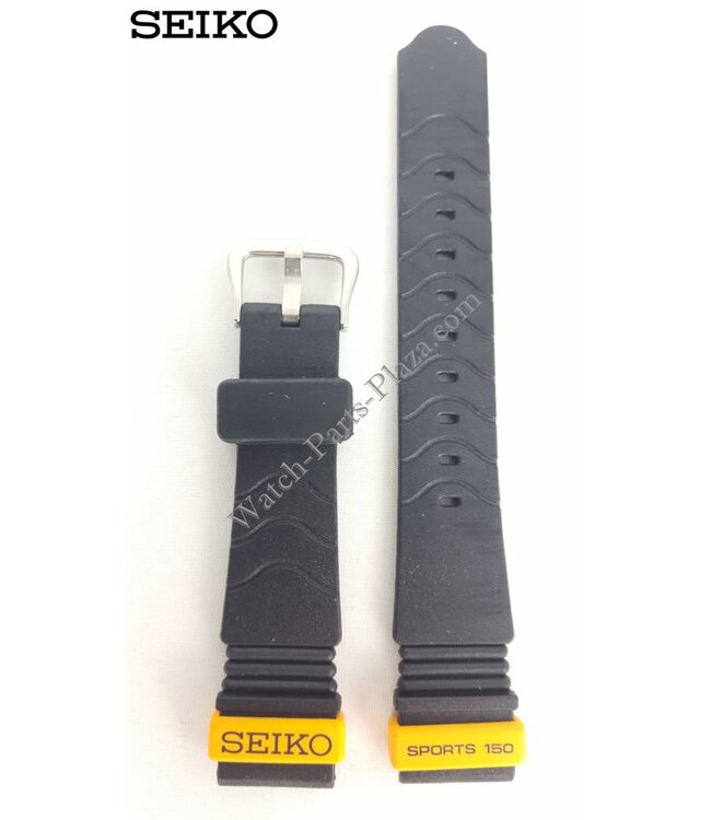 Horlogeband Seiko Sports 150 7T32-6D9F zwart rubber bandje 18 mm gele tekst SDW323