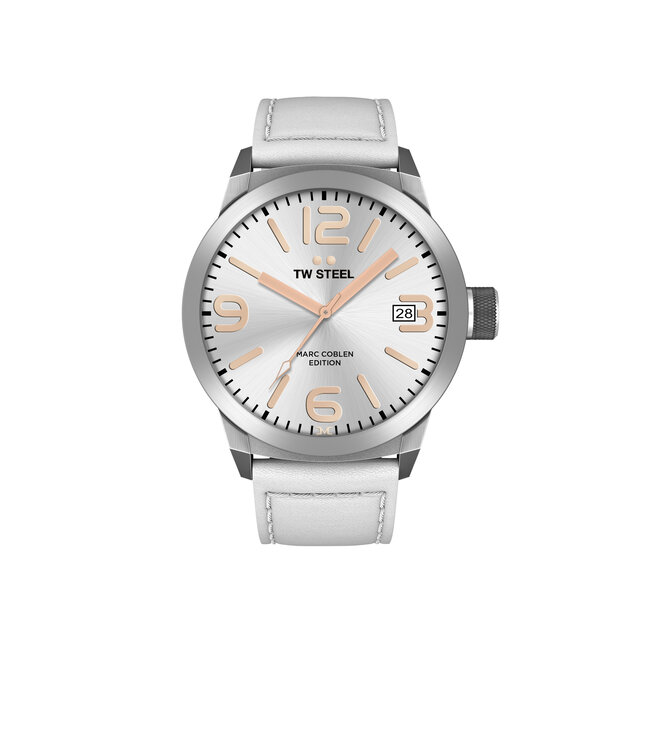 Montre TW-Steel Marc Coblen Bracelet TWMC44 avec bracelet en cuir blanc, boîtier 50mm