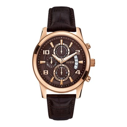 Guess Horloge Guess Exec W0076G4 chronograaf horloge heren rosé 44mm bruin croco leren band