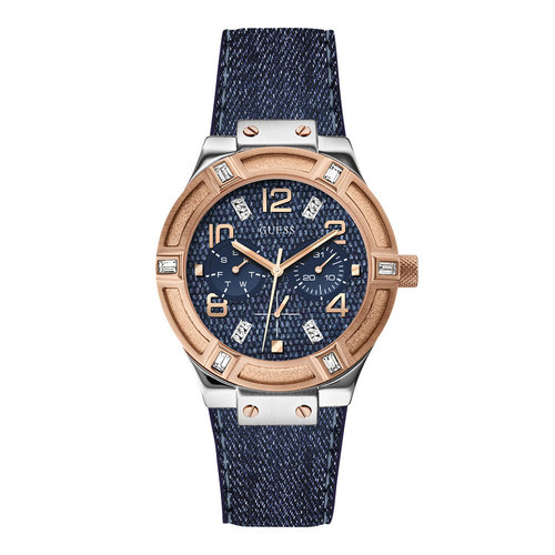 Guess Guess Jet Setter W0289L1 horloge rosé 39mm met blauwe band Guess Guess Jet Setter W0289L1 horloge rosé 39mm met blauwe band
