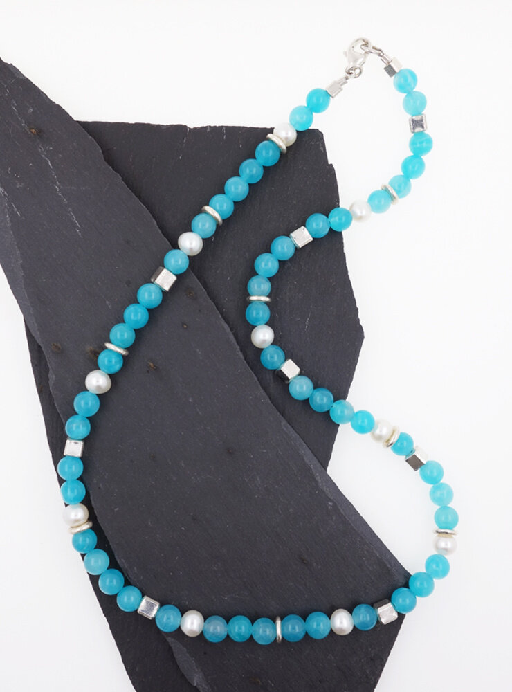 Halskette aus Amazonit, Süßwasserperle und Silber Halskette aus Amazonit, Süßwasserperle und Silber