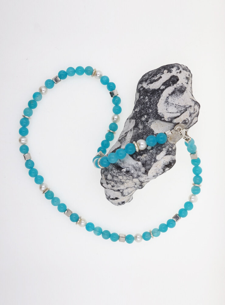 Halskette aus Amazonit, Süßwasserperle und Silber Halskette aus Amazonit, Süßwasserperle und Silber