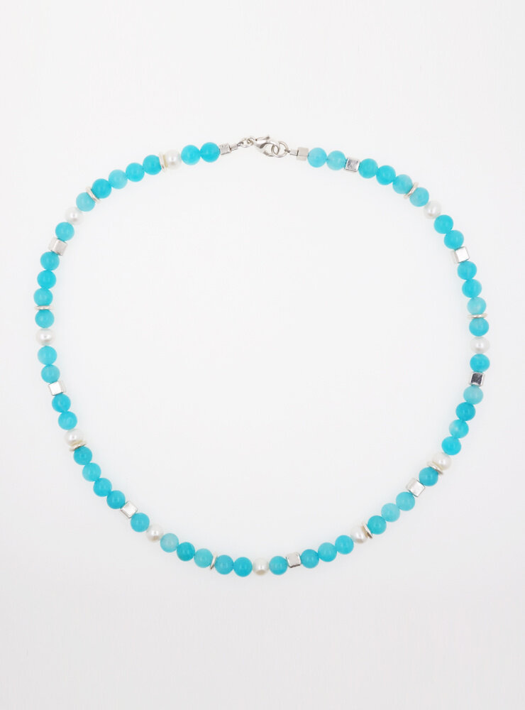 Halskette aus Amazonit, Süßwasserperle und Silber Halskette aus Amazonit, Süßwasserperle und Silber