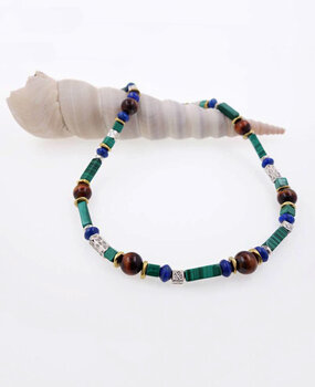 Halskette Malachit, Tigerauge, Lapis, Messing, Silber Halskette Malachit, Tigerauge, Lapis, Messing, Silber