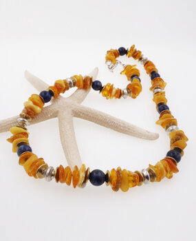 Halskette Bernstein, Dumortierit, Messing, Silber Halskette Bernstein, Dumortierit, Messing, Silber