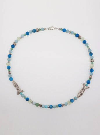 Halskette aus Apatit, Amazonit, Aventurin, Prehnit und handgemachten Silbererlementen Halskette aus Apatit, Amazonit, Aventurin, Prehnit und handgemachten Silbererlementen