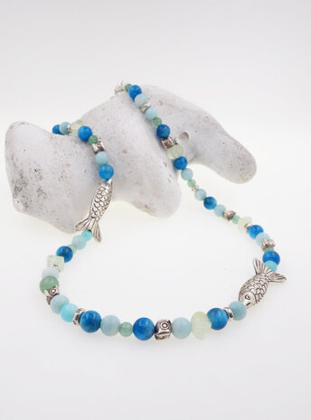 Halskette aus Apatit, Amazonit, Aventurin, Prehnit und handgemachten Silbererlementen Halskette aus Apatit, Amazonit, Aventurin, Prehnit und handgemachten Silbererlementen