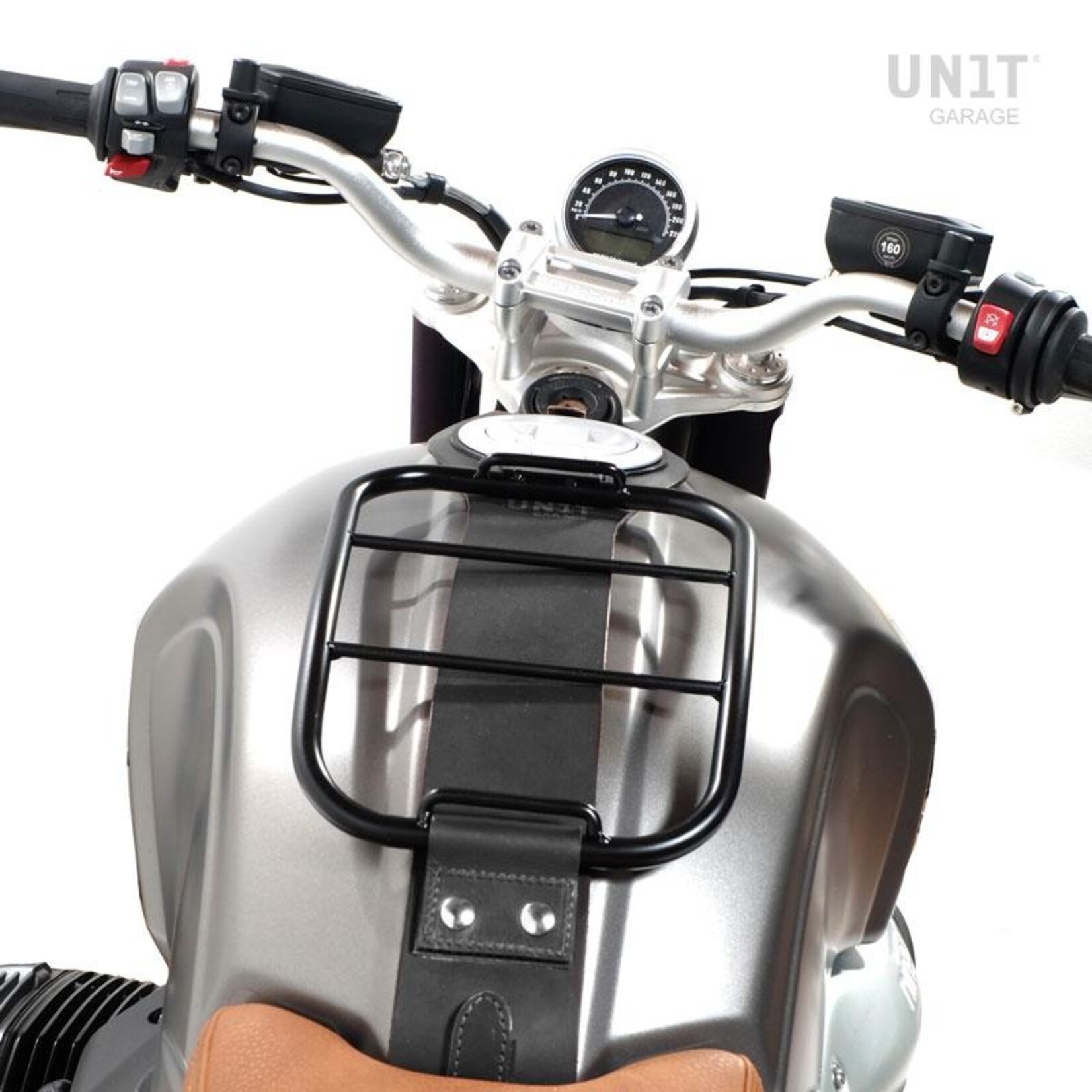 Unitgarage Gepäckträger auf Tank mit schwarzem Tankgurt für BMW R nineT