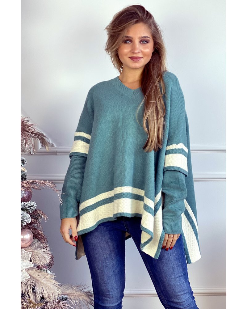 Oversized Striped Sweater - Petrol/Beige
