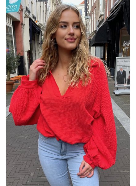 Cotton V Neck Blouse - Coral Red