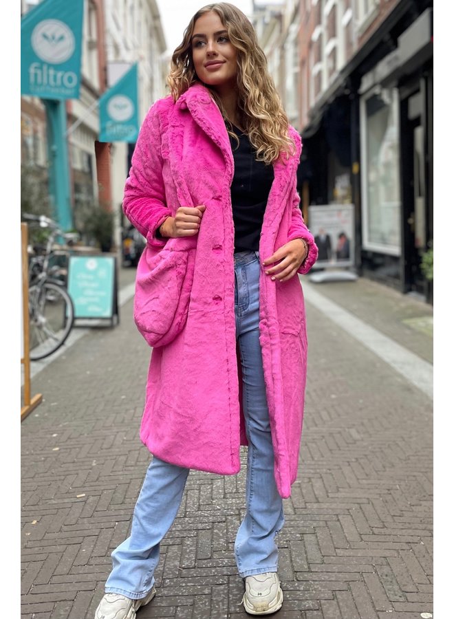 Long Fake Fur Coat & Bag - Bright Pink