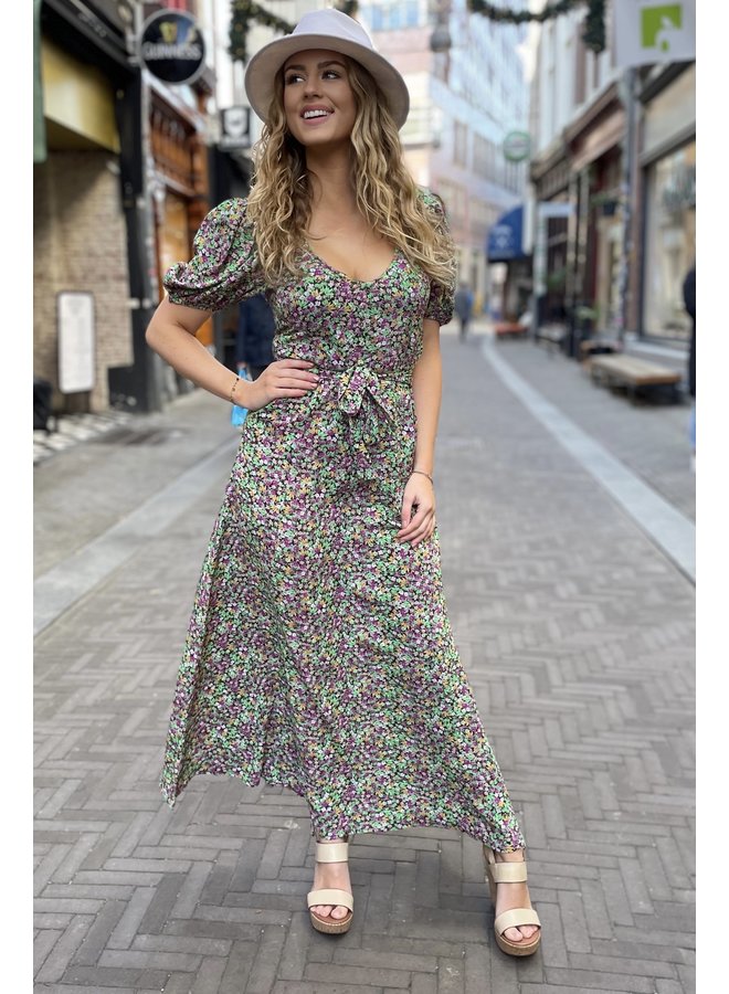 Long Pippa Flowers Dress - Purple/Green