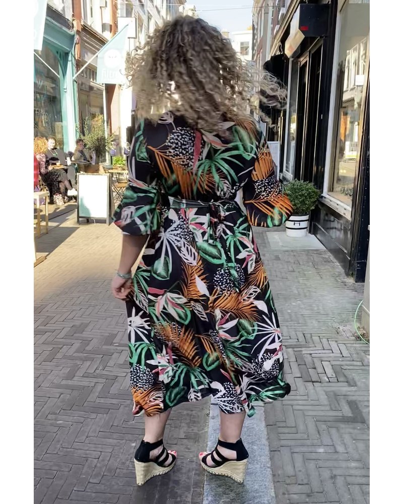 Curvy Knotted Palm Leaves Dress - Black/Orange PRE-ORDER
