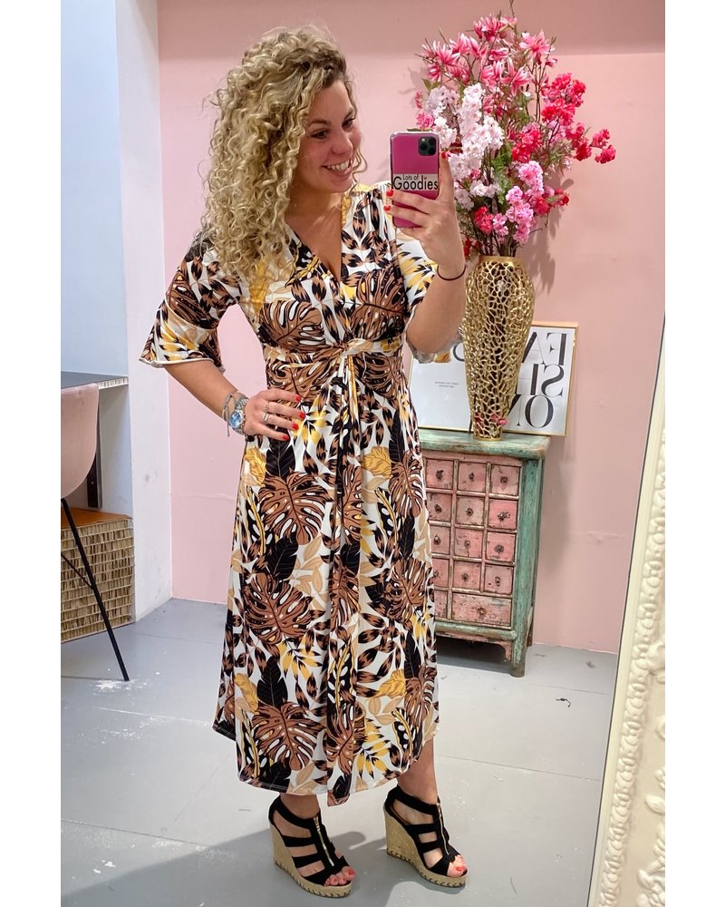 Curvy Knotted Palm Leaves Dress - Brown/Yellow  PRE-ORDER