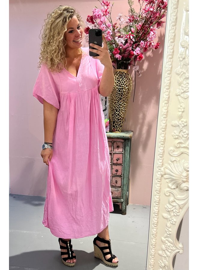 Basic V Neck Cotton Maxi Dress - Sugar Pink