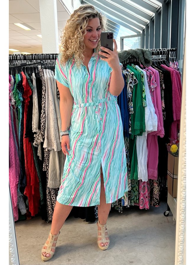 Curvy Striped Blouse Dress -  Turquoise/Pink