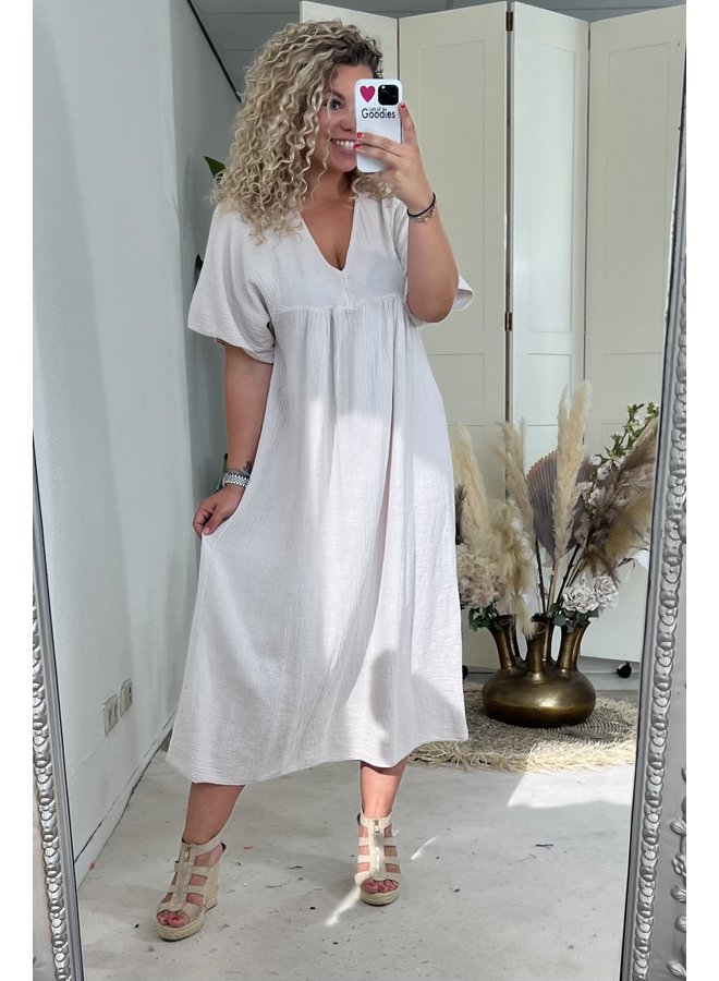 Basic V Neck Cotton Maxi Dress - Beige