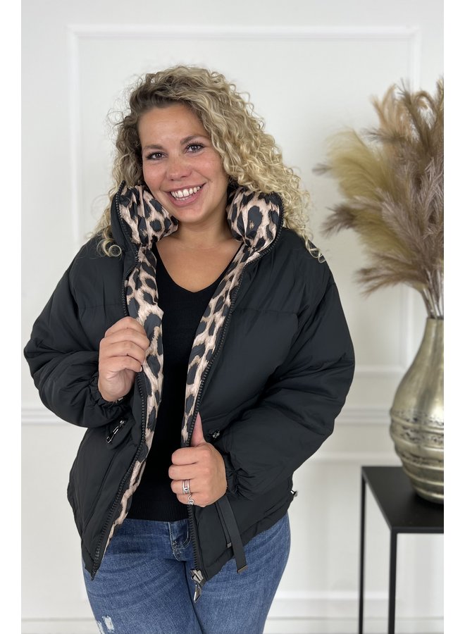 Short Puffer Coat - Leopard/Black