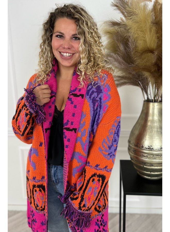 Aztec Fringe Vest - Pink/Purple/Orange